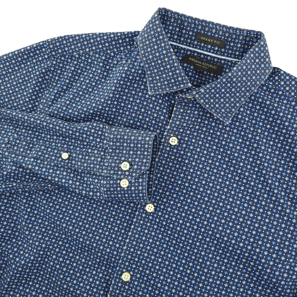 Banana Republic Dress Shirt Mens Large Blue Geometric Slim Fit Non Iron Cotton